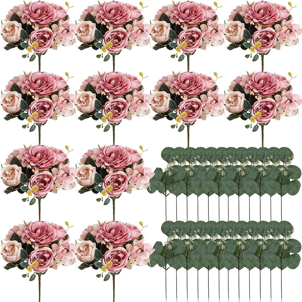 12-Pack Dusty Pink Artificial Peonies Bouquet – Silk Peony, Hydrangea & Eucalyptus Floral Arrangement for Wedding Centerpieces, Table Vases, Home & Party Decor